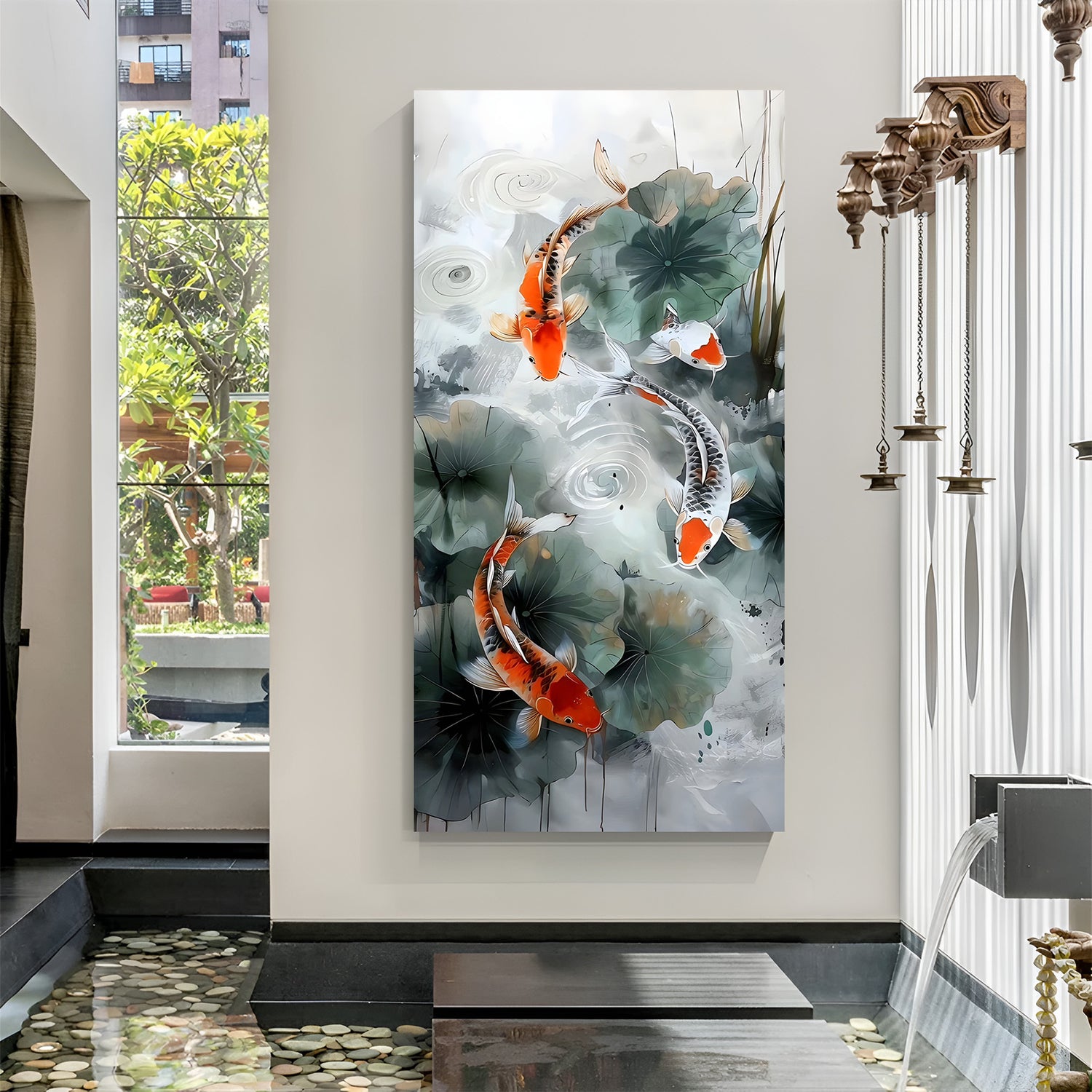 Orange and white koi fish swimming among large green lotus leaves in premium canvas wrapped frame