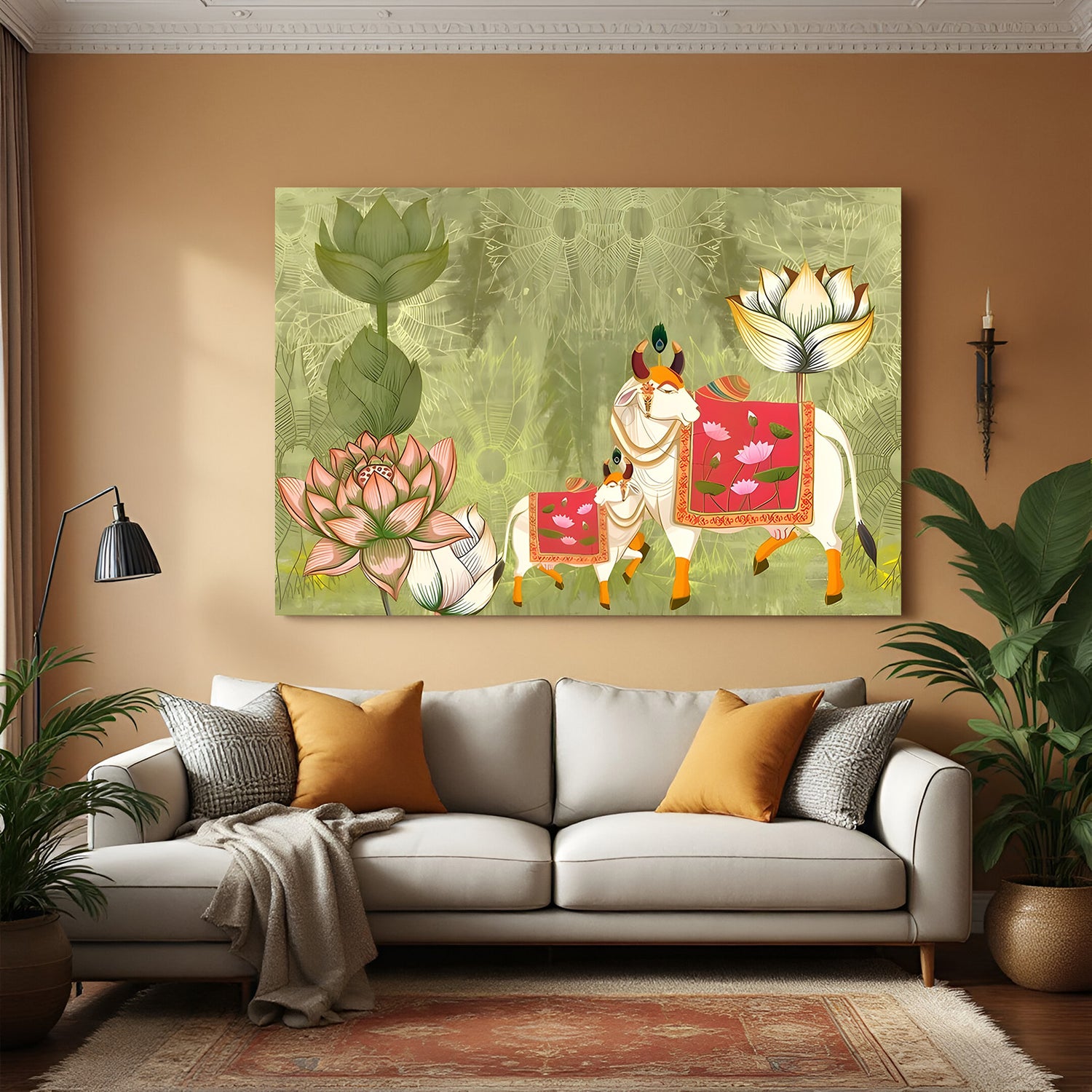 Kamadhenu cow and calf adorned in pink textiles surrounded by lotus flowers on green background in premium canvas wrapped frame