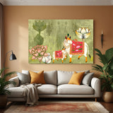 Kamadhenu cow and calf adorned in pink textiles surrounded by lotus flowers on green background in premium canvas wrapped frame