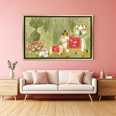 Emerald Lotus Kamadhenu artwork in luxury golden floater frame featuring sacred cow, calf, and blooming lotus flowers