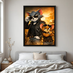 Tom and Jerry gangster artwork in elegant black floater frame with luxury street-style cartoon aesthetic