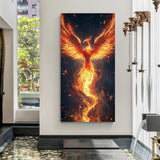 vibrant reddish fiery phoenix canvas wrapped wall art showing phoenix in dynamic flight with glowing flames, symbolizing rebirth resilience and positive vastu energy for living room or office