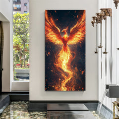 vibrant reddish fiery phoenix canvas wrapped wall art showing phoenix in dynamic flight with glowing flames, symbolizing rebirth resilience and positive vastu energy for living room or office