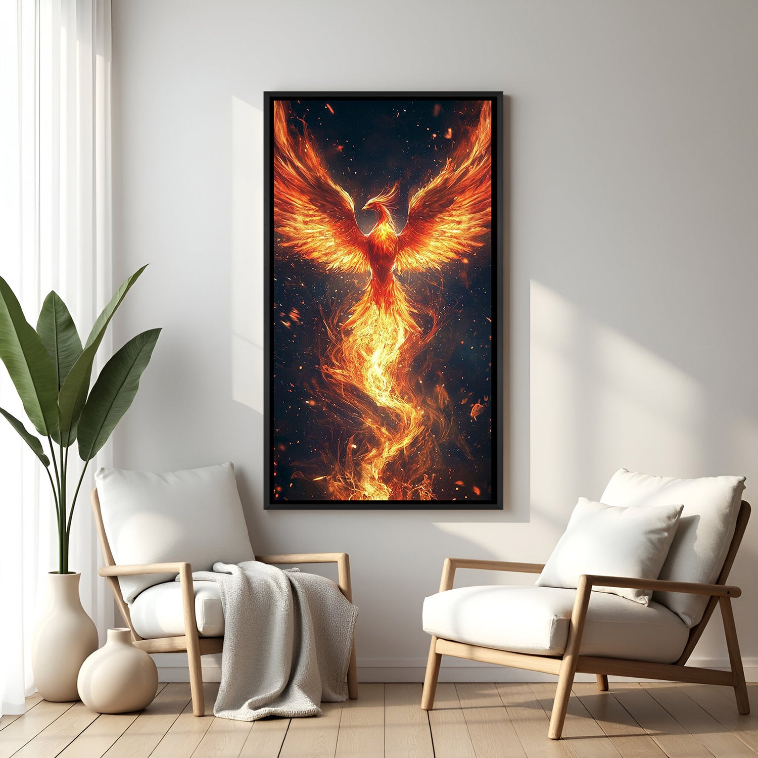 dramatic phoenix rising canvas in black floater frame on dark background highlighting fiery wings and motion, perfect for modern living room, home office or motivational wall decor