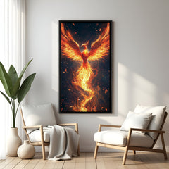 dramatic phoenix rising canvas in black floater frame on dark background highlighting fiery wings and motion, perfect for modern living room, home office or motivational wall decor