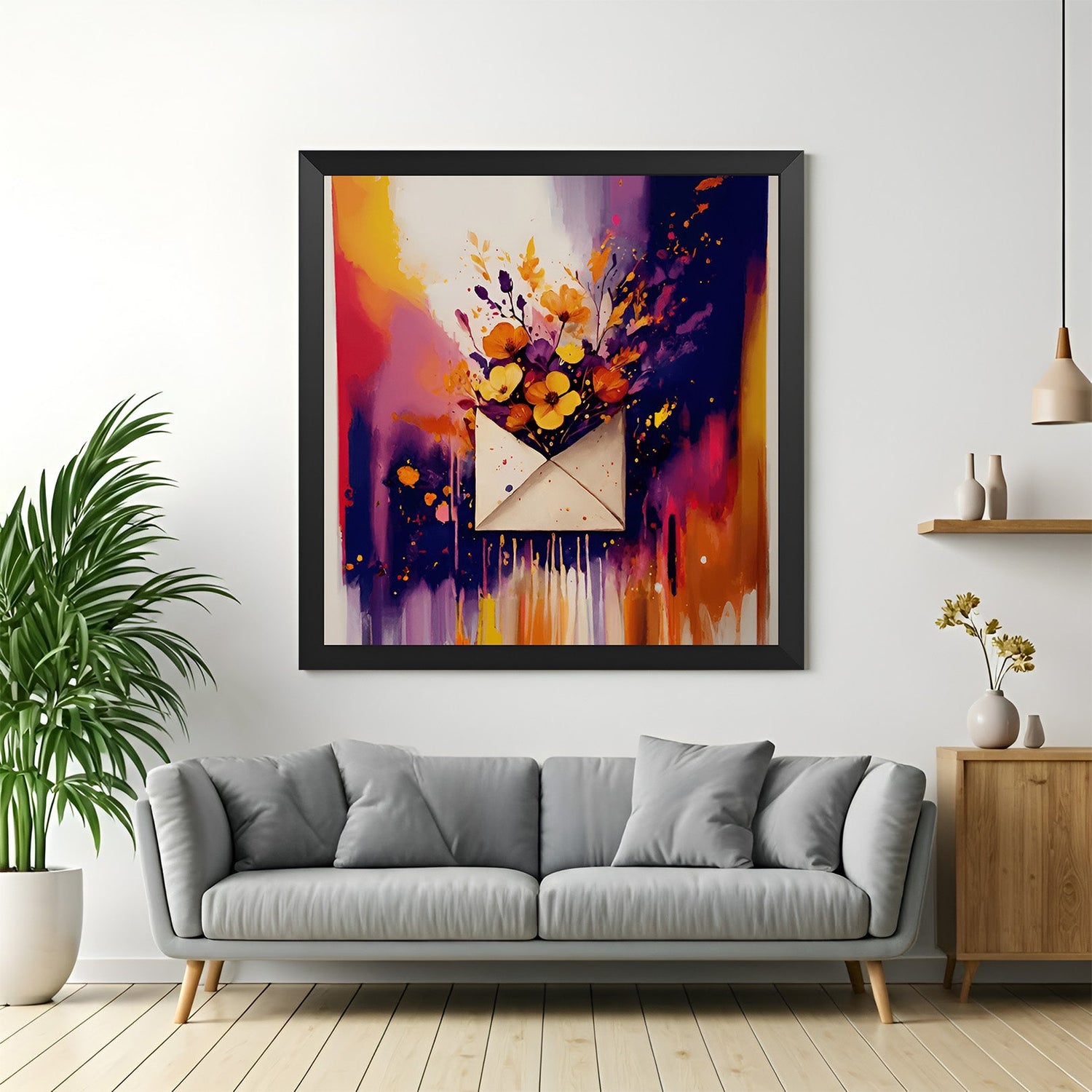 Black frame abstract canvas of envelope and flowers in vivid colors – stylish floral artwork for colorful contemporary interiors