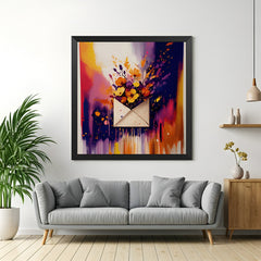 Black frame abstract canvas of envelope and flowers in vivid colors – stylish floral artwork for colorful contemporary interiors