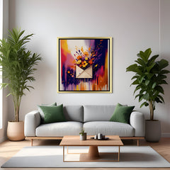 Golden frame abstract wall art of envelope with blooming flowers – vibrant canvas print ideal for expressive and trendy wall settings