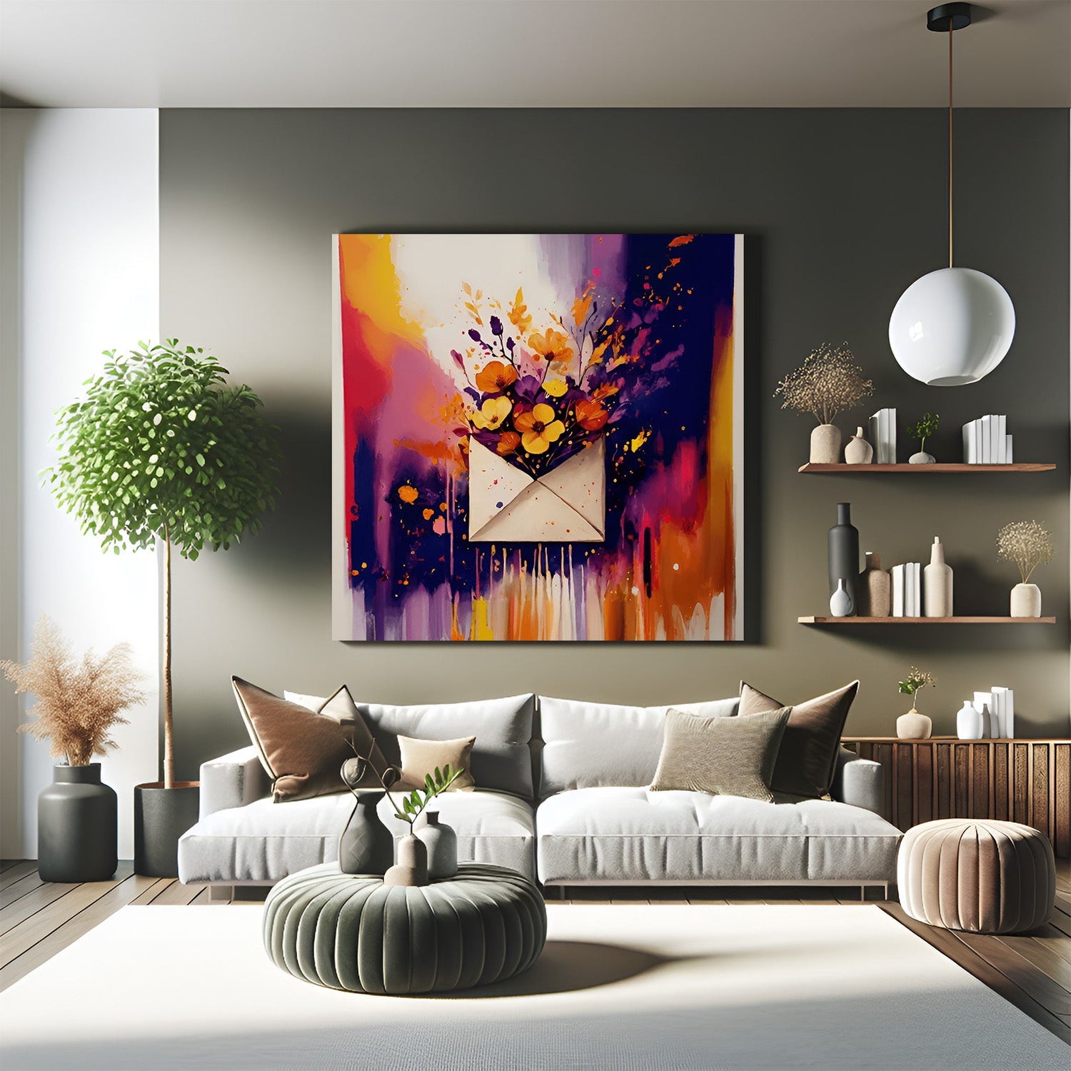 Abstract canvas wall art of flowers emerging from an envelope – bold and colorful artwork perfect for bright and modern wall decor