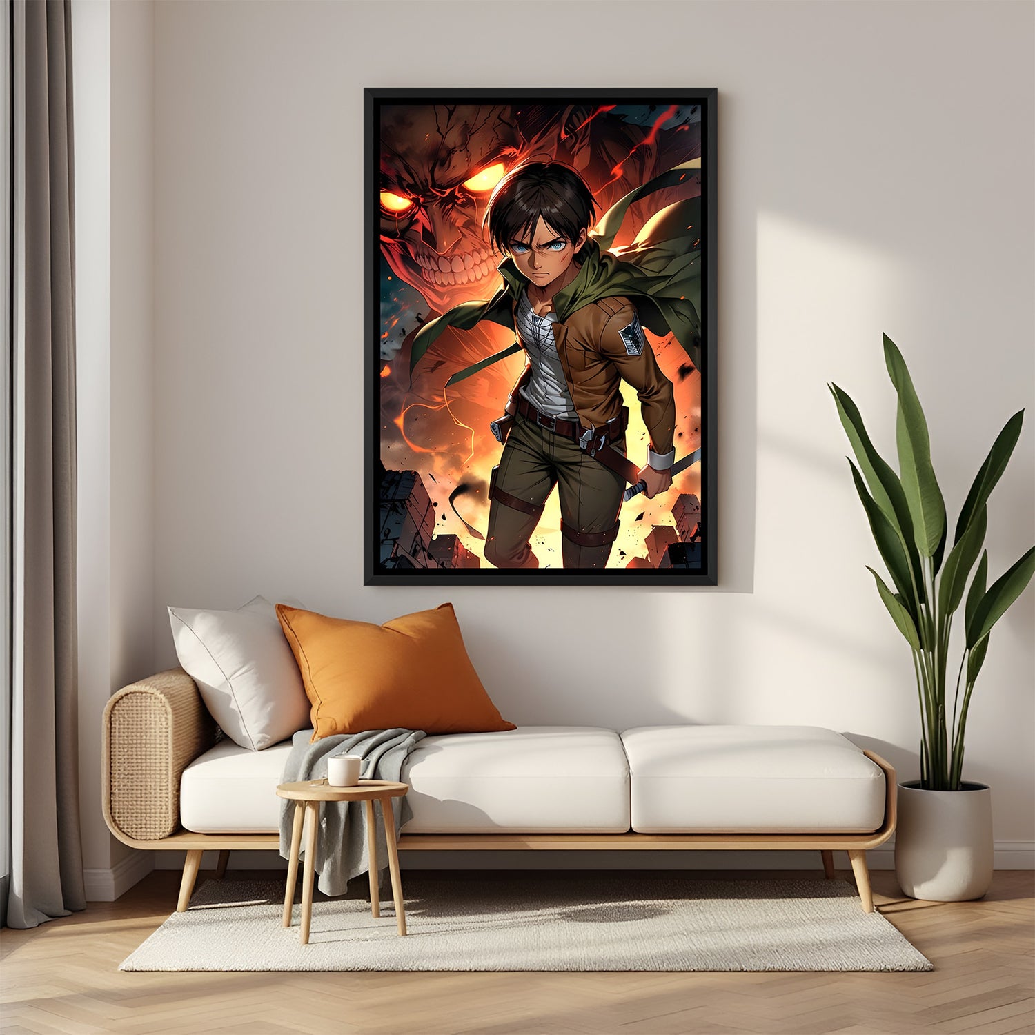 Eren Jaeger anime canvas artwork in premium black floater frame for gaming room decor