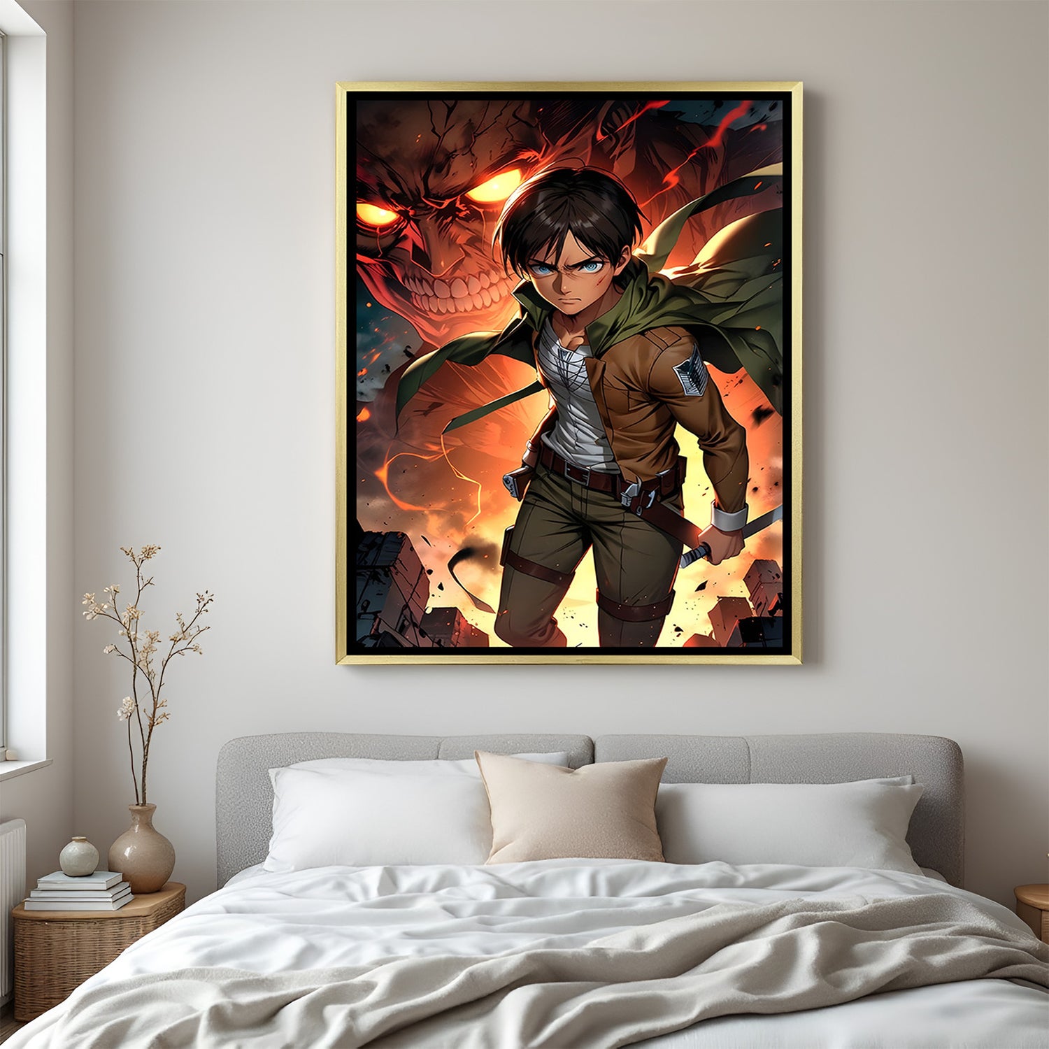 Eren Jaeger Attack on Titan wall art in luxury golden floater frame with titan anime design
