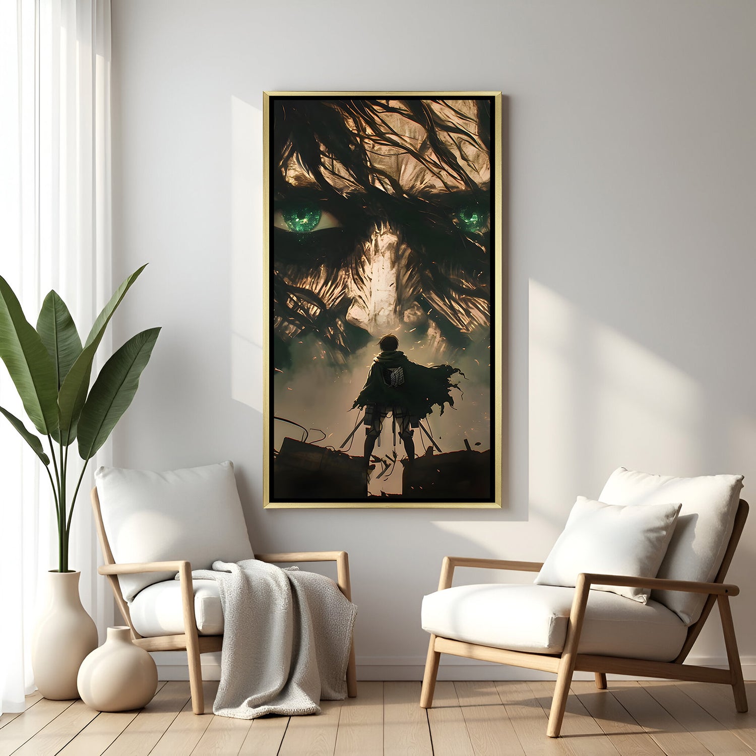 Eren Yeager Attack on Titan wall art in luxury golden floater frame with cinematic anime design