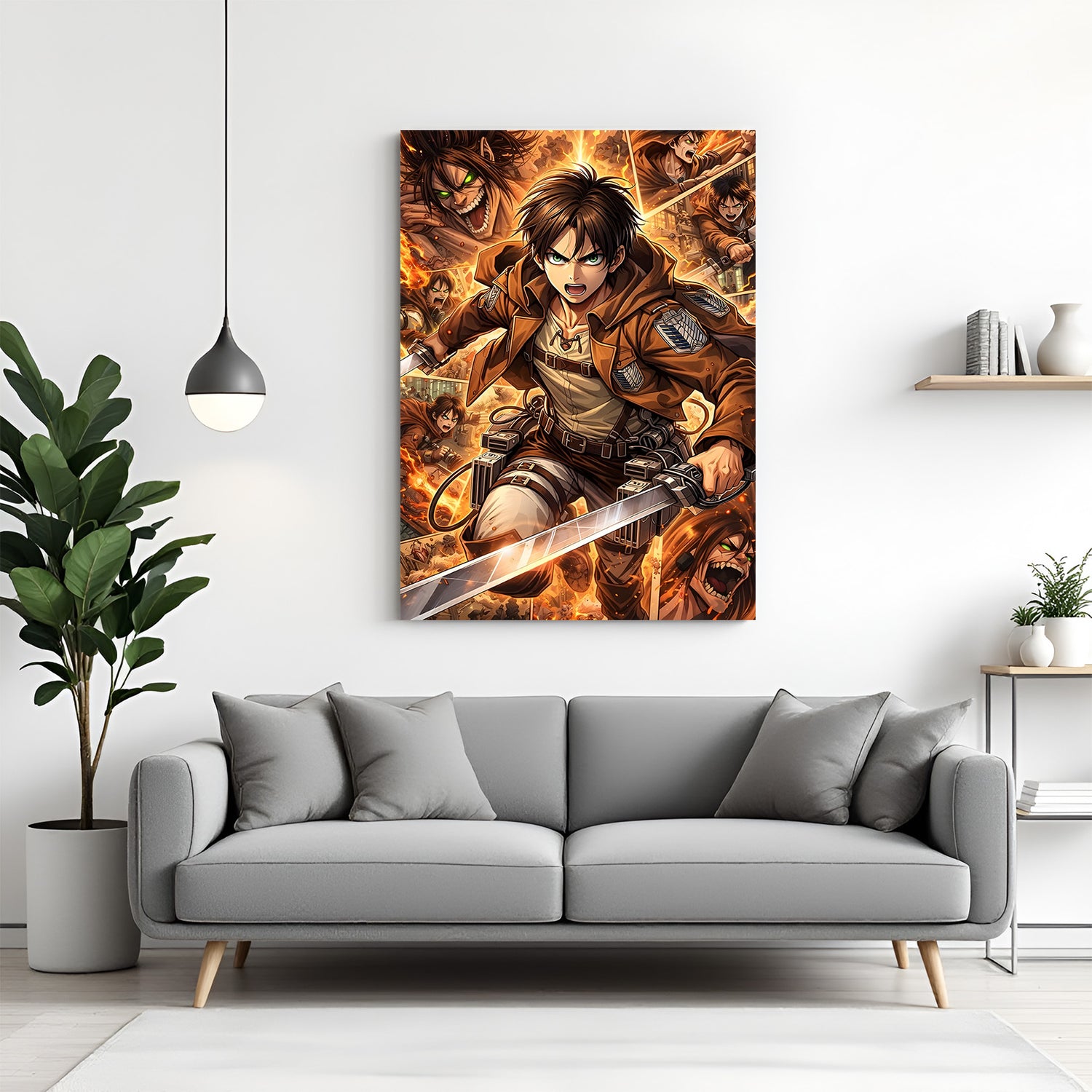 Eren Yeager Attack on Titan canvas painting with cinematic anime artwork in canvas wrapped frame