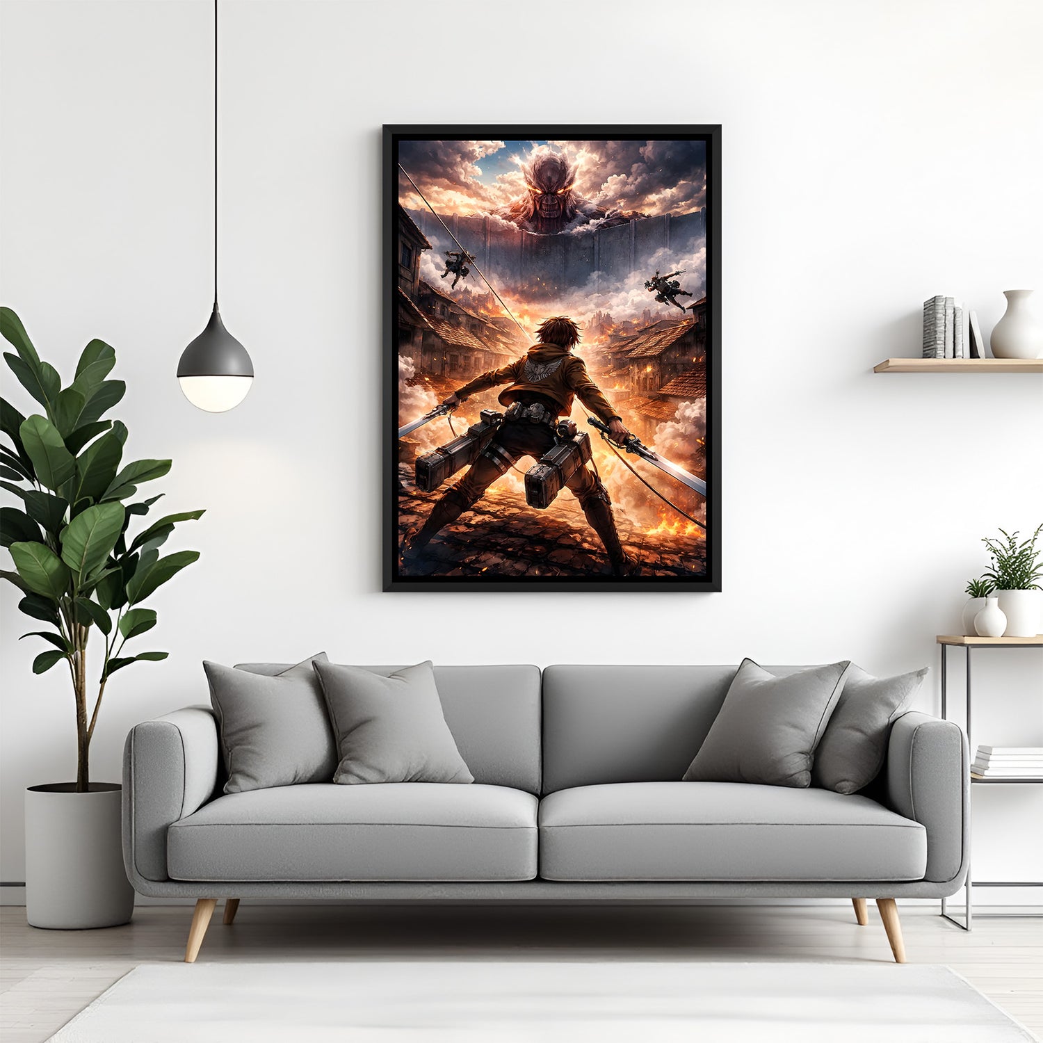 Eren Yeager vs Armored Titan anime canvas artwork in premium black floater frame