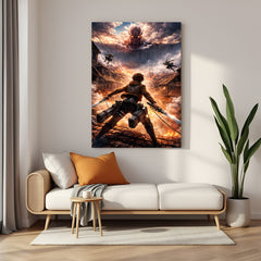 Eren Yeager vs Armored Titan canvas painting with anime battle artwork in canvas wrapped frame