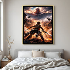 Eren Yeager vs Armored Titan wall art in luxury golden floater frame with anime battle design