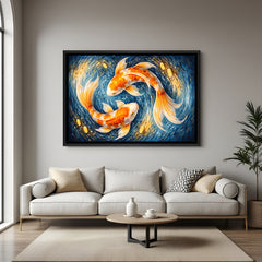 Dynamic koi fish yin yang wall artwork in elegant black floater frame