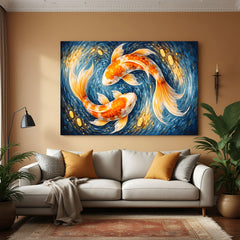 White and orange koi fish swimming in a yin yang circular motion in premium canvas wrapped frame