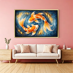 Eternal Balance Koi artwork in luxury golden floater frame featuring white and orange fish in circular motion