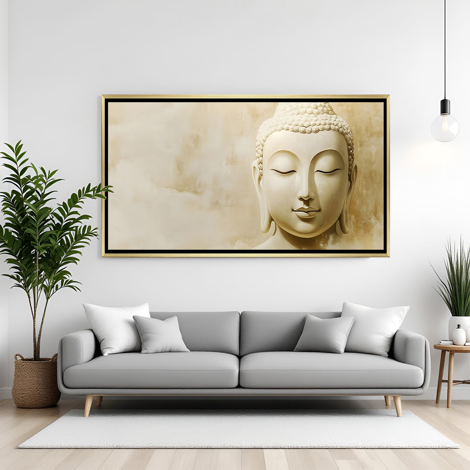 Luxury Buddha portrait wall art in gold floater frame with elegant neutral tones and spiritual decor style.