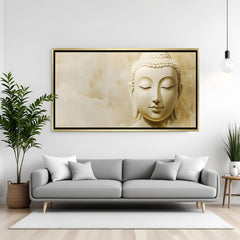 Luxury Buddha portrait wall art in gold floater frame with elegant neutral tones and spiritual decor style.