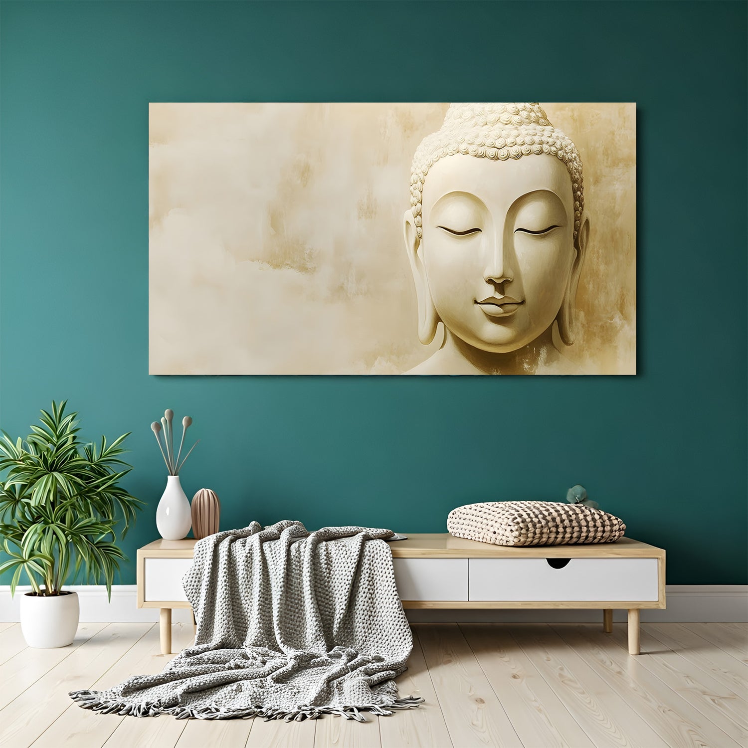 Minimalist Buddha wall art in canvas wrapped frame featuring serene beige tones and peaceful expression.