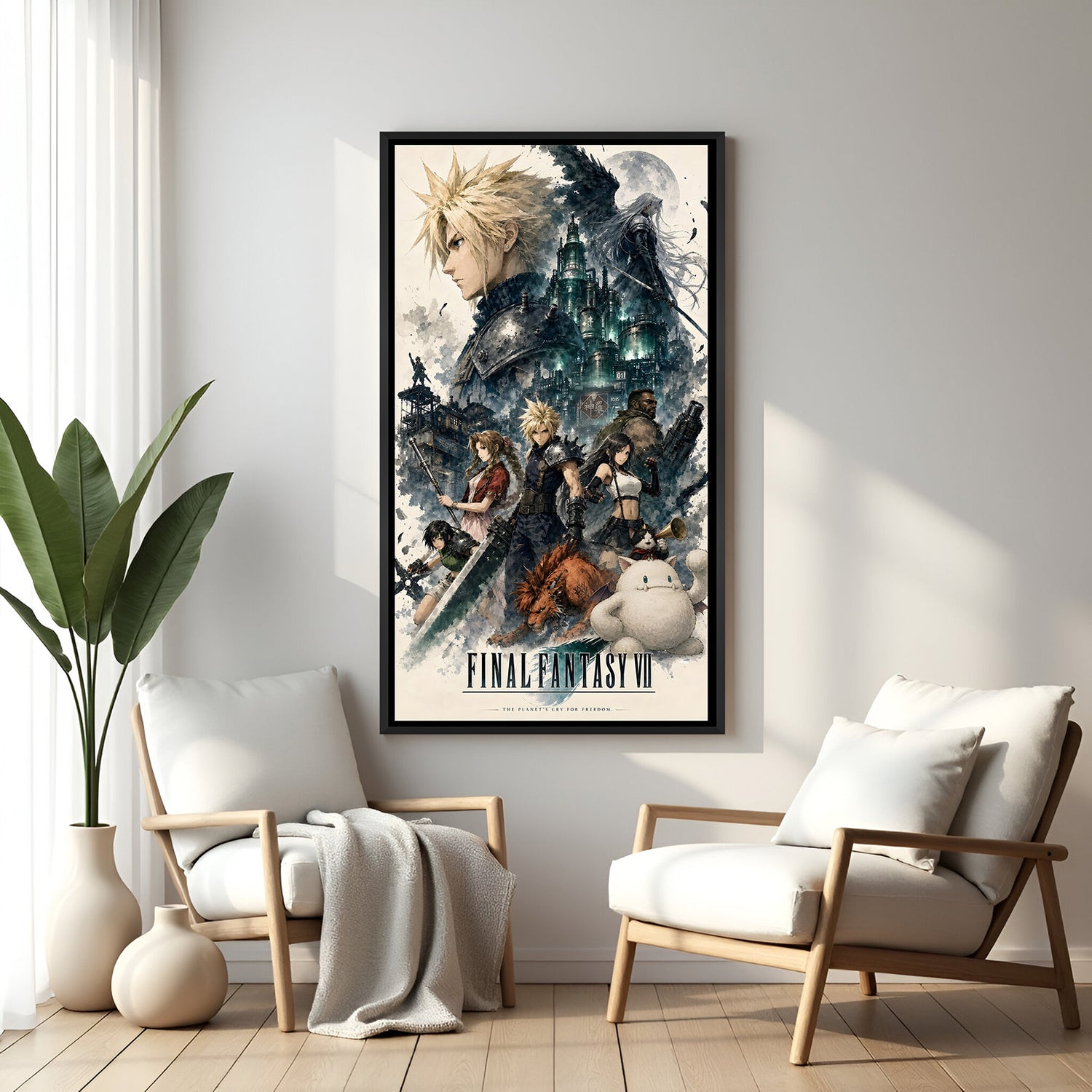Eternal Crystal Requiem wall painting in black floater frame with cinematic fantasy RPG artwork