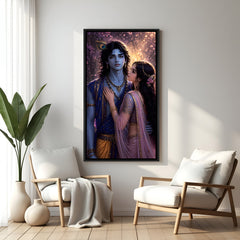 Radha Krishna framed canvas painting in elegant black floater frame symbolizing divine love and harmony