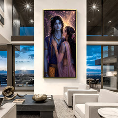 Radha Krishna love themed artwork in luxurious golden floater frame with vibrant spiritual colors