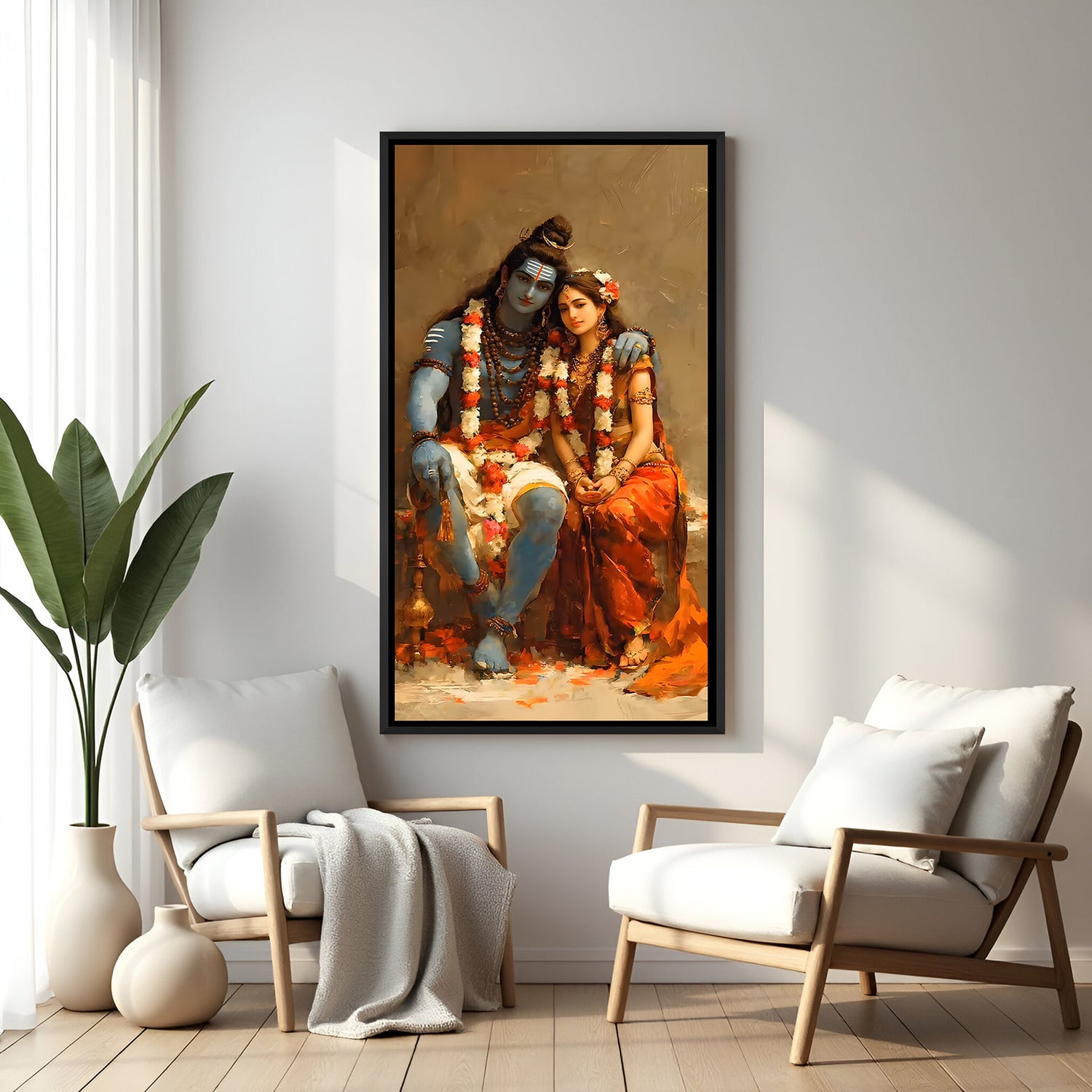 Divine seated Hindu deities artwork in elegant black floater frame with spiritual detailing