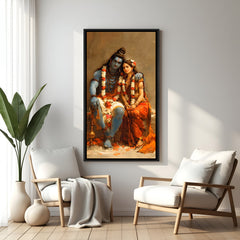 Divine seated Hindu deities artwork in elegant black floater frame with spiritual detailing