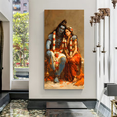 High-quality digital artwork of Hindu deities seated together in premium canvas wrapped frame