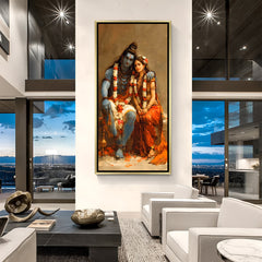 Sacred Hindu deities canvas painting in luxurious golden floater frame with divine artistic style