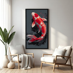 Elegant Japanese koi fish wall painting with dramatic dark background in modern black floater frame