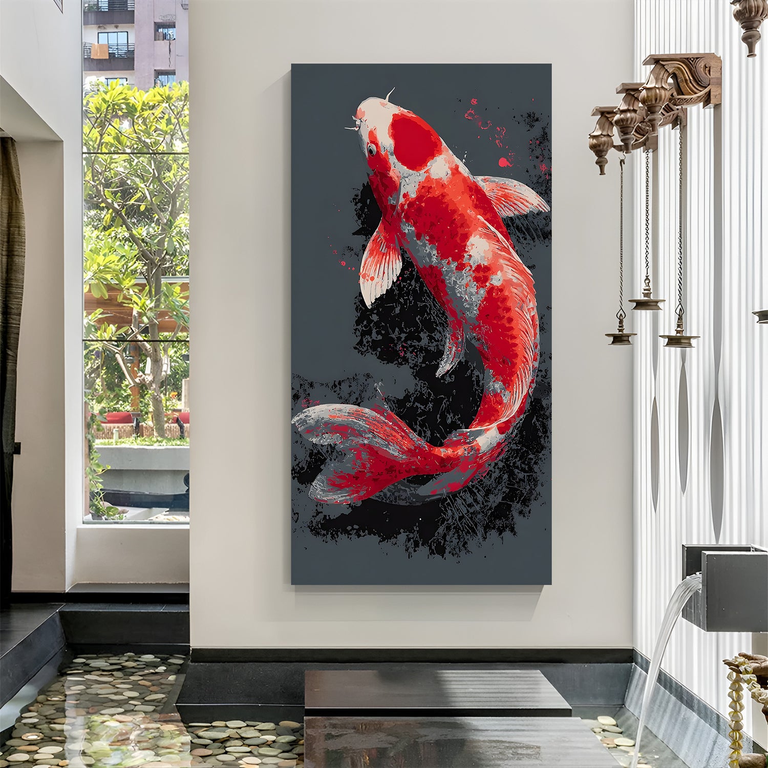 Japanese-style red and white koi fish artwork against a dark textured background in premium canvas wrapped frame