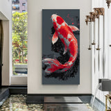 Japanese-style red and white koi fish artwork against a dark textured background in premium canvas wrapped frame