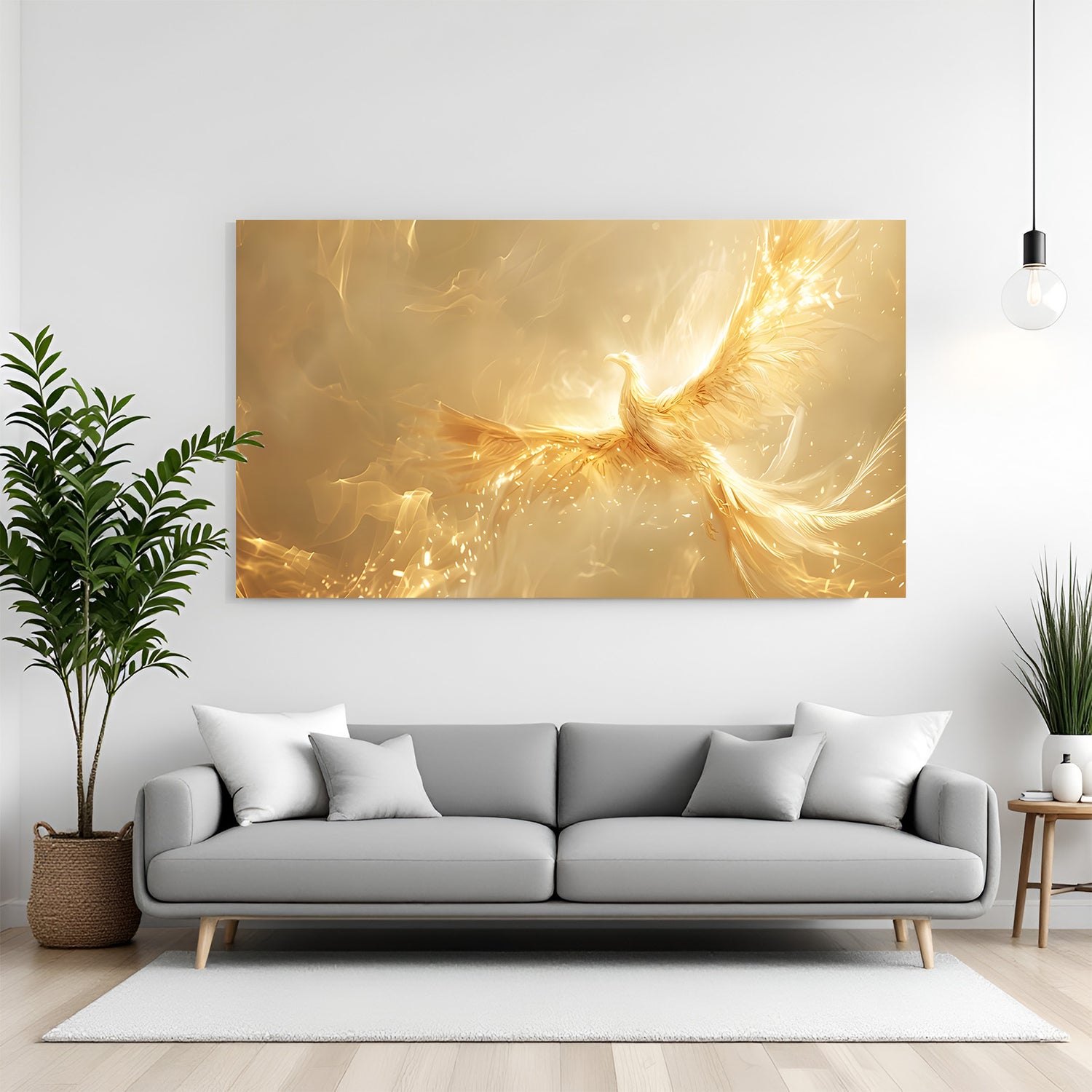 Large panoramic golden phoenix wall art featuring radiant wings rising in a warm luminous background.