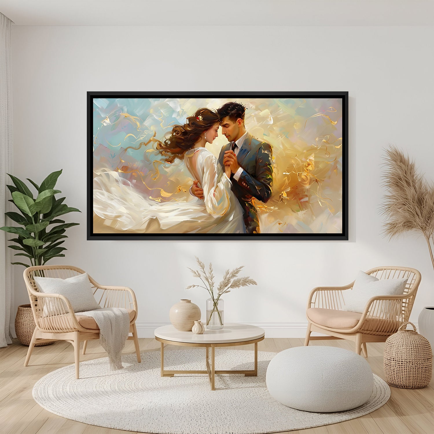 Modern romantic abstract couple painting in black floater frame with gold brushstroke detailing displayed in a contemporary living room.