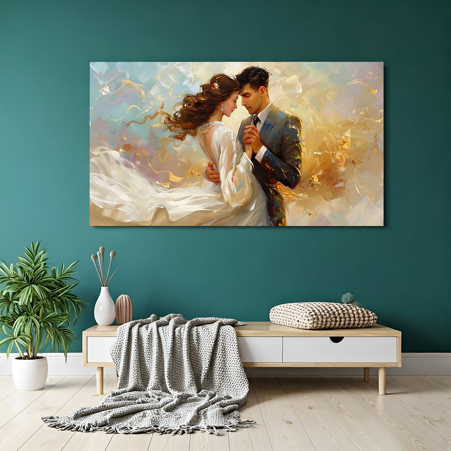Romantic abstract couple wall art in canvas wrapped frame featuring an elegant dancing couple with flowing dress and gold accents on a modern teal wall.