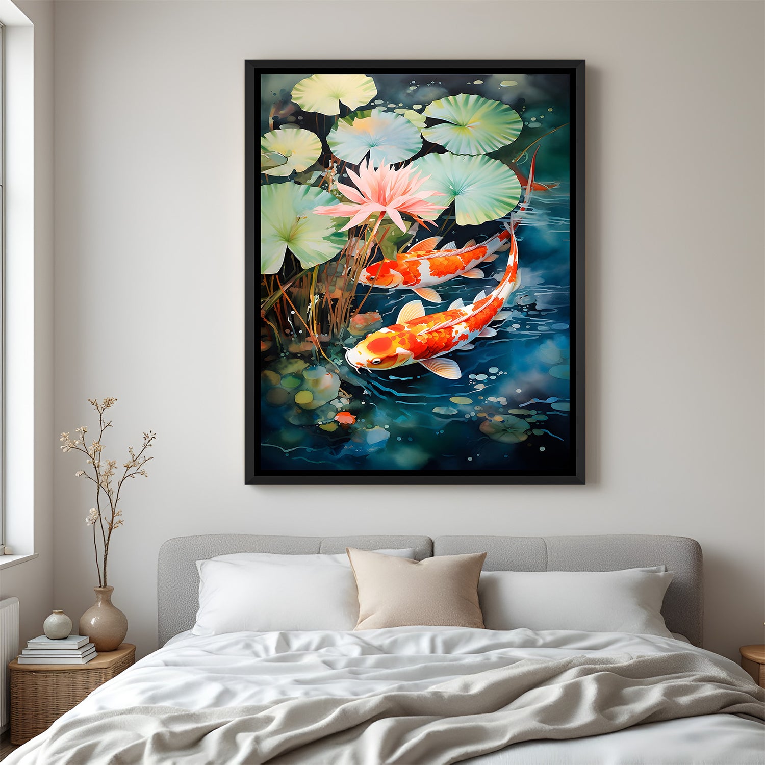 Elegant koi fish and lotus flower painting in black floater frame for modern Japanese style interiors