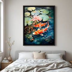 Elegant koi fish and lotus flower painting in black floater frame for modern Japanese style interiors