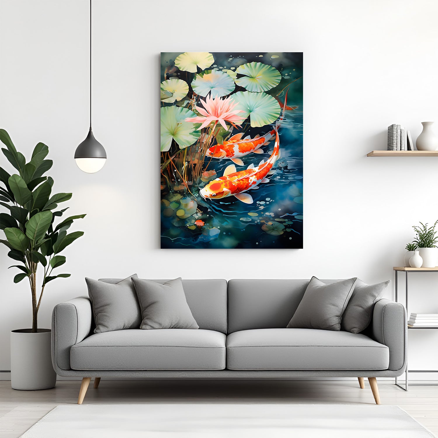 Japanese koi fish canvas wall art with lotus flowers and lily pads in a serene pond scene on canvas wrapped frame