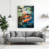 Japanese koi fish canvas wall art with lotus flowers and lily pads in a serene pond scene on canvas wrapped frame