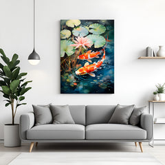 Japanese koi fish canvas wall art with lotus flowers and lily pads in a serene pond scene on canvas wrapped frame