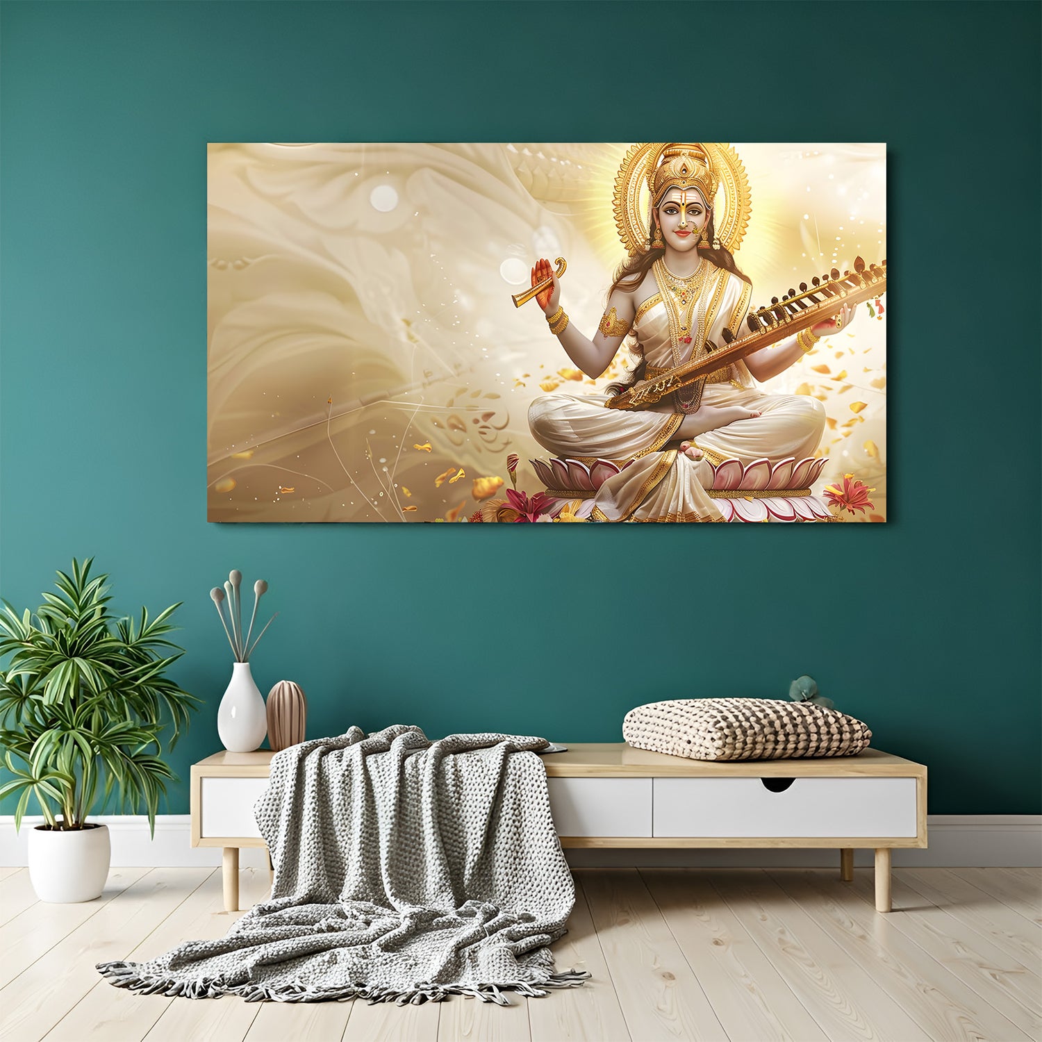 Saraswati seated on lotus with veena in golden aura canvas wrapped wall art.