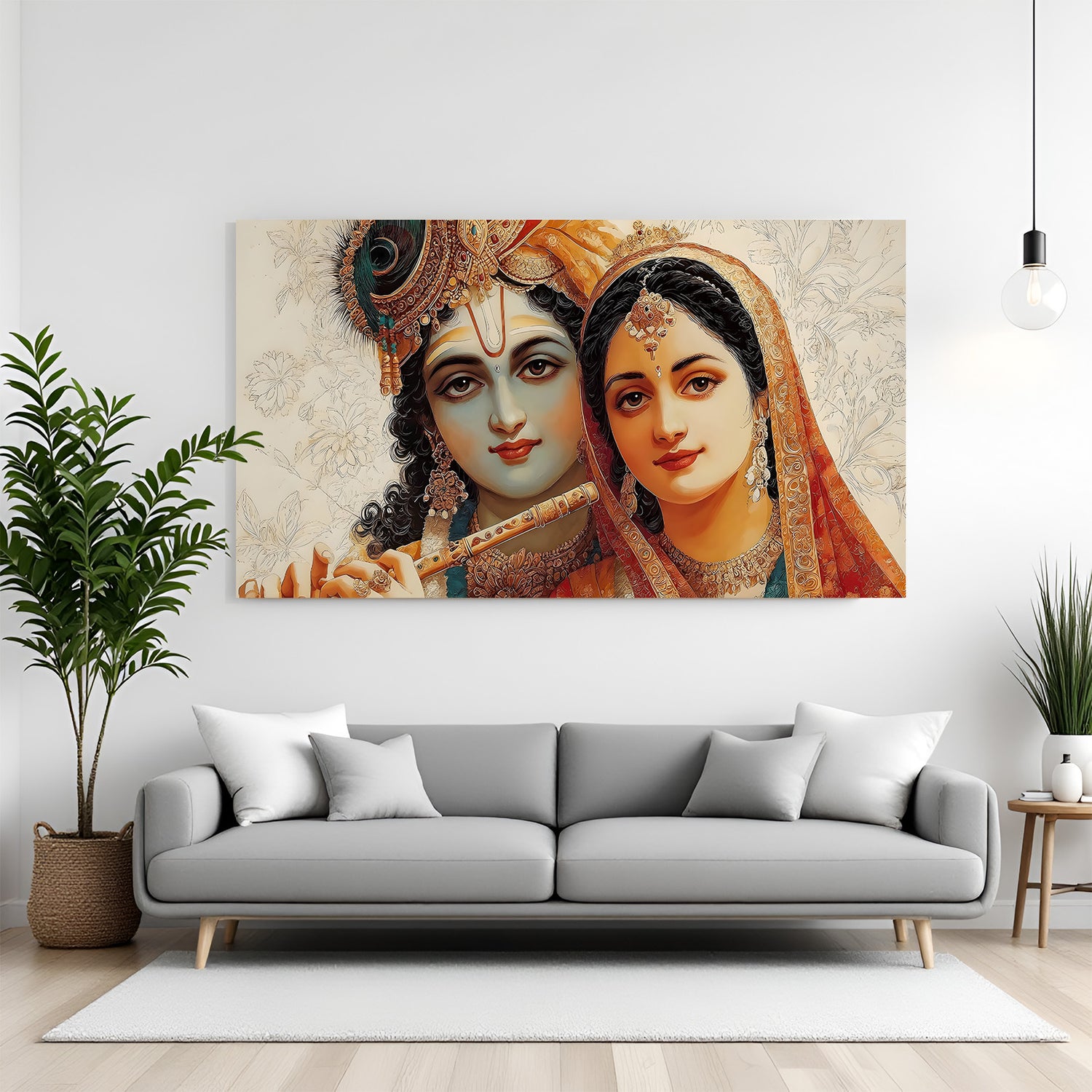 Panoramic Radha Krishna wall art featuring close-up divine faces with intricate jewelry and peacock feather crown.