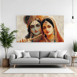 Panoramic Radha Krishna wall art featuring close-up divine faces with intricate jewelry and peacock feather crown.