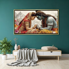 Divine Shiv Shakti canvas painting with Shiva and Parvati in luxurious golden floater frame