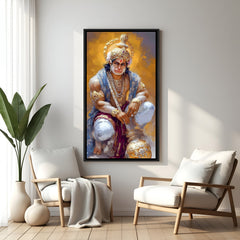 Hanuman Ji sitting with gada wall artwork in elegant black floater frame