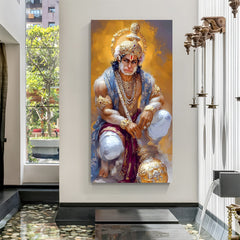 Lord Hanuman seated with sacred gada canvas painting in premium canvas wrapped frame